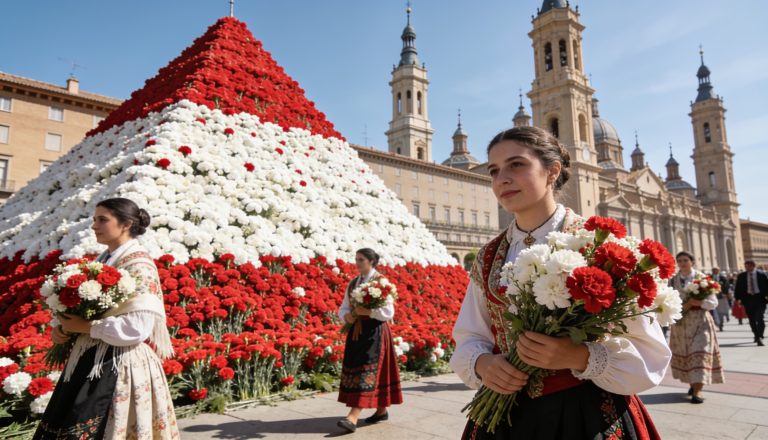 Ofrenda de Flores a la Virgen del Pilar durante las Fiestas del Pilar en Zaragoza