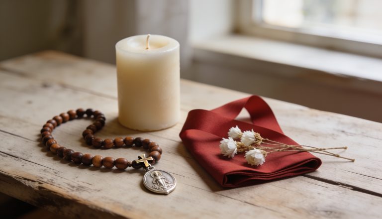 Objetos devocionales de regalo para el Día del Pilar: rosario, medalla, vela y flores